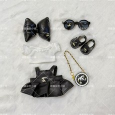 20cm 블랙 악어 재킷 솜인형 파워 솜깅이 인형옷 머리띠 세트 가죽 찢청 솜인형옷, 더블 C 풀세트+신발+선글라스