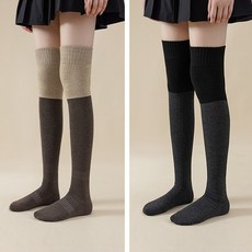 바이진주리본 도톰한 겨울 투톤 배색 오버 니삭스 스타킹 교복 골프 무릎 반양말, 3.투톤브라운