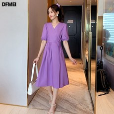 DFMEI 프렌치 롱스커트 빈티지 허리 조임 퍼플 원피스 여봄복 퍼프소매 기질 브이넥 도라지 스커트