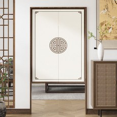 中式古風布藝門簾 臥室房間遮擋隱私免打孔簾子, 【輕奢格調】-中福【對開式】,【送杆+磁吸2對】寬70x高120cm