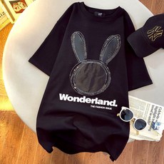 여자 여름 티셔츠 순면 프린트, 검정색, L 100-120