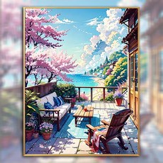원형 패브릭형 보석십자수 해변 안뜰 풍경, 십자수 40x50cm 미들 격자, 1개