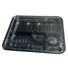 盒作社 內嵌式七格餐盒537 箱購優惠 黑色塑膠餐盒 可微波 外帶 一次性 免洗餐具 環保餐盒, 內嵌七格(透明蓋)(一箱300組), 1個