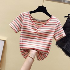 여성 브이넥 스트라이프 반팔 슬림핏 숏기장 기본 티셔츠