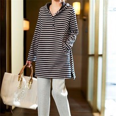 Vezri 중년 여성용 스트라이프 후드 긴팔 티셔츠 캐주얼 스타일 가을 봄 데일리룩