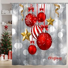 메리 크리스마스 샤워 커튼 레드 볼 실버 겨울 휴일 눈송이 꿈 새해 복 많이 받으세요 축제 패브릭 욕실 세트 후크 포함(너비 177.8cm(70인치) x 높이