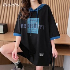 나바바 NT1791 여성 캐주얼 프린트 루즈핏 반팔 후드 티셔츠