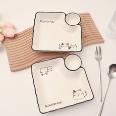 MorningSea 심플 화이트만두접시 고양이 패턴 스시나눔접시 캐릭터 도자기 접시 2P/4P, 2개