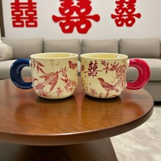 福鵲報喜 陶瓷雙喜對杯 漱口杯, 1個, 福鵲報喜 紅藍手柄,2只單杯 泡沫包裝, 紅藍