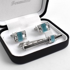 FERMATA 袖扣領帶夾 方鑽湖水藍質感禮盒組 NCD58