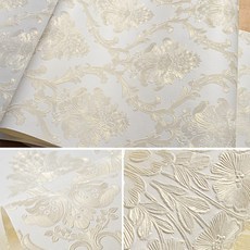 自粘歐式無紡布3D浮雕牆紙 臥室翻新背景貼紙, JA201米白色