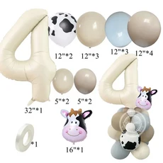 1세트 농장 동물 카톤 돼지/암소 풍선 어린이를위한 크림 호일 번호 테마 생일 장식 DIY, 01 as picture shows, 01 19pcs No.4