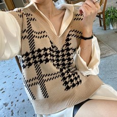 체크무늬 브이넥 여성 2컬러 니트 베스트 LK-B031