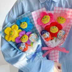 래프유 스마일꽃인형 킨더조이 사탕 꽃다발 3송이, 파랑