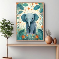 신원액자랜드 코끼리 아이 놀이 미술 일러스트 포스터 포인트 상상 호기심 오감발달 자극 방 카페 포토존 거실 침실 현관 부엌 회사 사무실 홈 이사 개업 오픈 입주 선물 인테리어, 07.꽃속코끼리, 01.A4 (21X29.7cm), 03.무광화이트알루미늄액자
