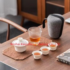 KYIS 휴대용 다기 세트 전용 파우치 포함 차 다도 찻잔 여행용 도자기 개완 티팟 유리 다구 고급 다기잔, 1세트