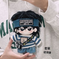 20cm娃衣酷藍髮帶藍條紋毛衣相機帥氣棉花娃娃衣服胖胖體可穿, 毛衣+牛仔褲+相機（關注送耳環,20cm娃衣, 1個