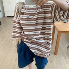 애플망고옷장 여름 빅사이즈 콩콩단가라 반팔티셔츠 오버핏 줄무늬 박스티