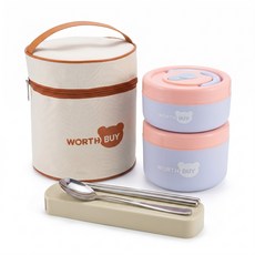 휴대용 304스텐 밀폐 보온 도시락 가방 수저 세트 직장인, 1세트, 950ML 2단 블루핑크