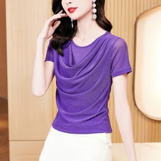 댄스티 반짝이 여름 셔링 반팔 망사 라인댄스복 화려한 상의 티셔츠 여자, 5. 퍼플