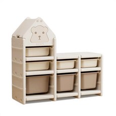 小熊收納架 兒童玩具收納架 寶寶書架 儲物櫃 置物架 兒童家具, 小熊收納架（組合二）(附收納盒), 3層