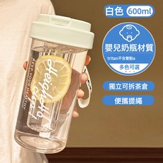 Tritan 雙酚A 濾茶水杯 600ml 附吸管 方便攜帶, 1個, 進口tritan白色-600Ml【獨立茶倉/帶刻度/耐高溫】默認