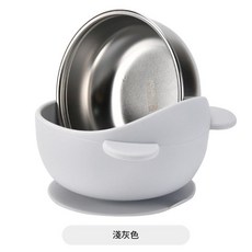 兒童輔食不鏽鋼餐具組 嬰兒訓練碗盤叉勺鴨嘴杯, 淺灰色 小熊碗, 1個, 如圖所示