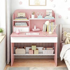 컴퓨터 책상 학생 공부책상 글쓰기책상 1인용 책장포함 다기능 책상, 핑크