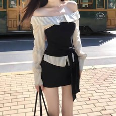 해피유통 여성 오프숄더 스트라이프 배색 상의 코르셋 슬림핏 긴팔티