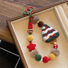 創意彩色毛絨聖誕樹手機鏈羊毛氈手工掛繩串珠新年星星掛件鑰匙扣, 1個, 01聖誕樹