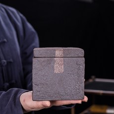 侘寂風 複古粗陶花瓶 茶葉罐 茶倉 手工老巖泥, 粗陶四方罐小號 300毫升, 1個
