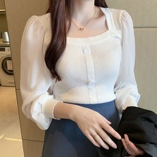 스퀘어넥 쉬폰 소매 니트 블라우스 화이트 그레이 여름셔츠 니트블라우스 여성상의 학교 여성