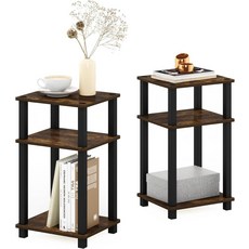 Furinno 간단한 사이드 테이블, Amber Pine/Black, 2-Pack, Plastic Pole