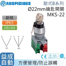 【AUSPICIOUS】Φ22mm鑰匙維持開關(皆可抽)MKS-22(B系列), 1個, 3段,2A