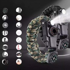 16in1 야외 생존 팔찌 파라코드 손목밴드 나침반 휘슬 캠핑 서바이벌, 블랙, 1개