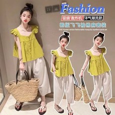 賣場優選童裝 女童短袖套裝 女童夏裝飛袖套裝2025新款兒童吊帶時髦洋氣兩件套寶寶夏款薄衣服