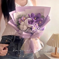 Rosecret design 手捧毛線玫瑰花束 成品禮物, 毛線鬱金香+玫瑰紫色, 1個