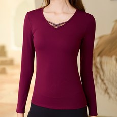 QUEEN YOGAG瑜伽服運動健身透氣V領顯瘦一體杯長袖T恤（固定一體杯）