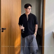 남자 여름 브이넥 반팔 티셔츠 오버핏 드롭숄더 베이직 캐주얼 탑 반팔티셔츠 반집업 남성티셔츠
