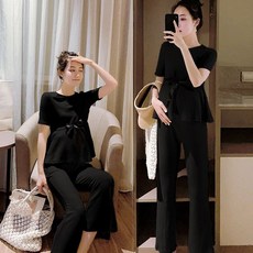 패션 임부복 상하의 세트 봄 여름 임산부 캐주얼 루즈핏 상의 + 9부 바지 트렌드 명원풍 투피스 WMY
