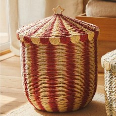 藤編馬戲團條紋收納筐 兒童房玩具整理收納箱, 米紅色, 1個