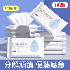 衣物去污濕紙巾 便攜式免洗清潔濕紙巾 羽絨服外套專用, 1個, 羽絨服濕巾 1包/12片