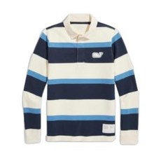 Vineyard vines 남아용 멀티 스트라이프 럭비 폴로 셔츠 타이드 블루 라지 베이지 타이드 블루 스트라이프