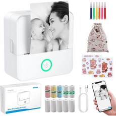 이시닉 휴대용 미니 스티커 프린터USBC 충전식블루투스 프린터무선 인쇄210DPI 인쇄 해상도5롤 접착 및 5롤 열지 인쇄지 노트라벨스티커사진용컬러 없음, White With Color Pen