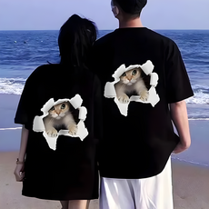 1+1 남녀공용 고양이 프린트 라운드넥 오버핏 여름 커플룩 반팔 티셔츠 FDD546546