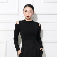 라인댄스복 긴팔 홀 티셔츠 라틴 스포츠댄스 발레복 모던댄스 사교댄스 탱고 상의, 블랙
