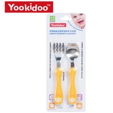 Yokidoo超值二入繽紛叉勺組 兒童不鏽鋼餐具 304不鏽鋼餐具組 寶寶餐具 兒童叉勺組 學習餐具, 1個, 黃色長頸鹿