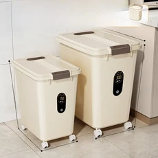 식품 등급 쌀 보관함 주방 밀가루 보관 용기 밀폐 방습 방충 대용량 30kg 60kg 플라스틱 용기, 바퀴 달린 노란색 [30+ 30kg 세트]