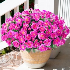 HyeFlora 봄 여름 장식용 인조 야외 꽃 식물 실크 핫핑크 동백나무 자외선 차단 화분 외부 현관 파티오 발코니 대형 번들 3개, 푸크시아