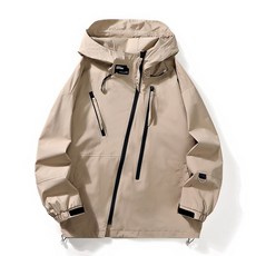 戶外春秋薄款運動夾克 連帽防風情侶外套 寬鬆長款運動風衣, 2XL码 建议体重（80-90公斤）, 卡其